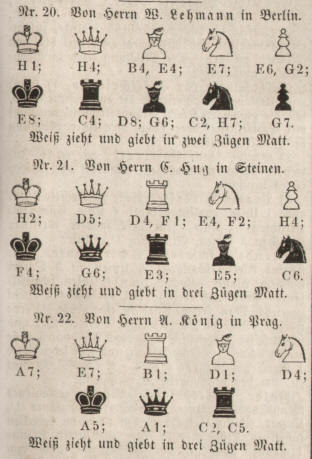 Schachaufgaben von 1859 von W. Lehmann in Berlin, C. Hug in Steinen und A. Knig in Prag