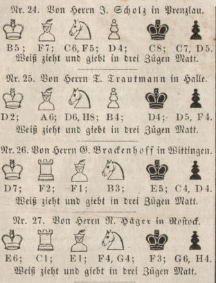 Schachaufgaben von J. Scholz in Prenzlau, T. Trautmann in Halle, G. Brackenhoff in Witting und R. Hger in Rostock 
