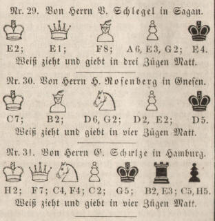 Schachkomposition von Victor Schlegel in Sagan, H. Rosenberg in Gnesen und G. Schulze in Hamburg