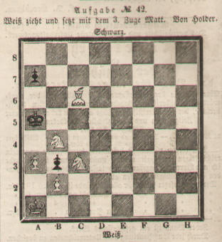 Schachminiatur von Holder 1844. Wei zieht und setzt mit dem 3. Zuge Matt