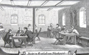 Stube im Gasthof zum Schachspiel in Strbeck, Holzstich von 1883