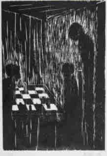 Schach - Die letzte Partie. Holzschnitt von 2014 von der Künstlerin  Elke Rehder nummeriert und signiert.