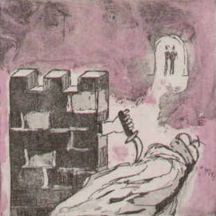 Illustration zu Mrozek sein Buch: "Schach". Farbige Radierung.