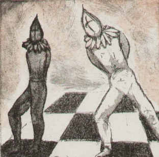 Radierung als Schach-Illustration für das Buch von Slawomir Mrozek mit dem Titel "Schach".