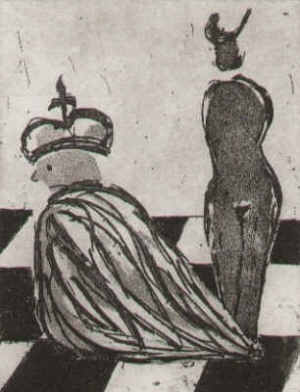 König und Dame sind die Majestäten im Schach. Radierung zum Schachspiel.