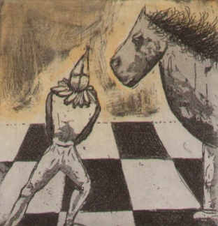 Buchillustration "Schach" von Slawomir Mrozek. Farbradierung von Elke Rehder.