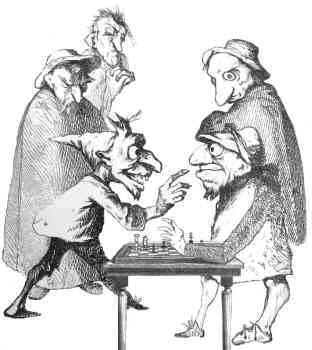 Schachdiskussion Cartoon vom Künstler Uwe Holstein zum Schach