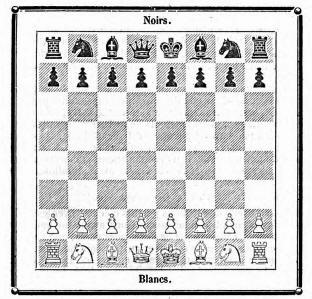 Englische Schachfiguren. Schach-Diagramm mit der Darstellung des Lufers als Mitra aus Le Palamde 1842