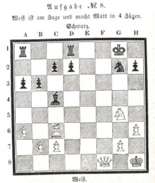 Schachaufgabe Nr. 8 - 3. Februar 1844. Wei ist am Zuge und macht Matt in 4 Zgen.