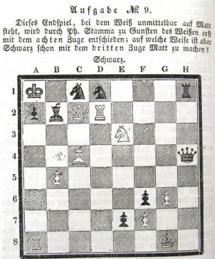 Schachaufgabe Nr. 9 vom 10. Februar 1844. Endspiel, bei dem Wei unmittelbar auf Matt steht, wird durch Ph. Stamma