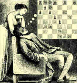 chess-illustration chess dreams by EDITA Tokyo for the German chess book Schach in Zeitungen des 19. Jahrhunderts