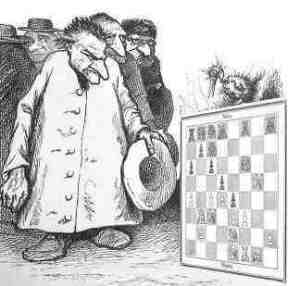 chess study, people learning playing chess, a chess cartoon by Uwe Holstein