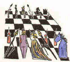 piéces d'échecs, gravure sur bois coloré par Elke Rehder